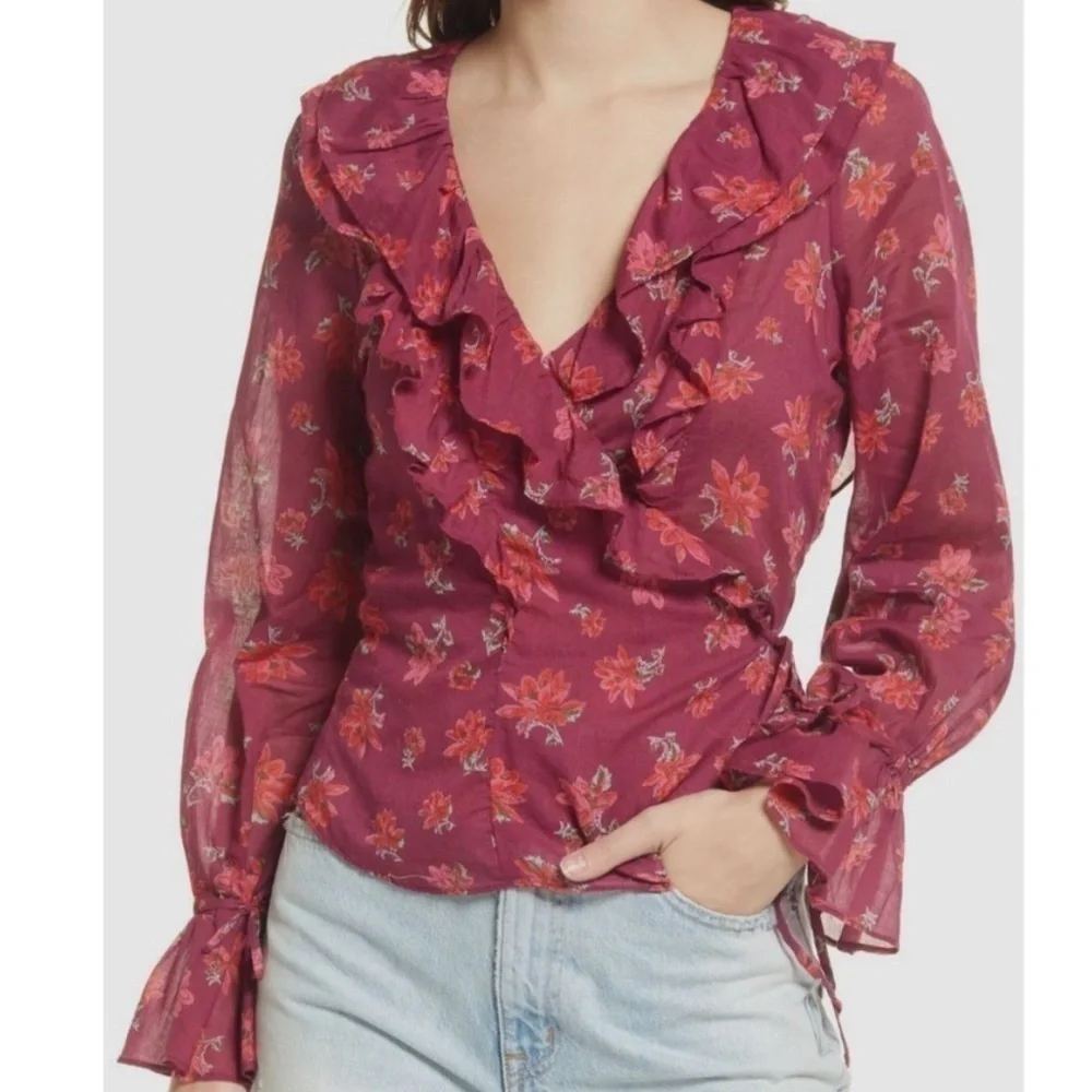 Free People Amanda Ruffle Long Sleeve Top Women's Size Large